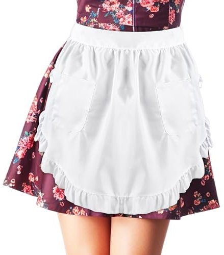 Ptwola Taillenschürze für Damen mit Taschen Vintage-Rüschen Halbschürze Süßes Dienstmädchenkleid Kellnerinnenkostüm zum Kochen in der Küche, Backen, Putzen (Weiß)