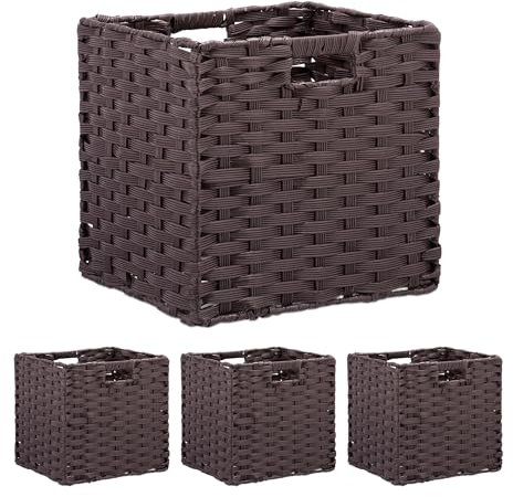 Relaxdays Aufbewahrungskorb, 4er Set, geflochten, Kleidung, Spielzeug, HBT: 31 x 32 x 30 cm, Kunststoff Regalkorb, braun