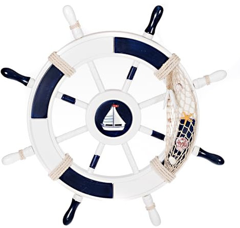 Birendy Holzdeko Steuerrad in Blau Weiß mit maritimen Applikationen Durchmesser 62cm Perfekte maritime Dekoration (9-Weiß-Blau-62cm)