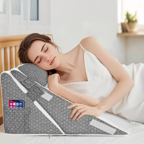 Bed Wedge Pillow, 12-in-1 Folding Memory Foam Triangle Orthopaedic Pillow with Headrest for Sleep Apnea, Acid Reflux, Snoring, Leg Elevation,Adjustable Back Support Incline Cushion with Washable Cover