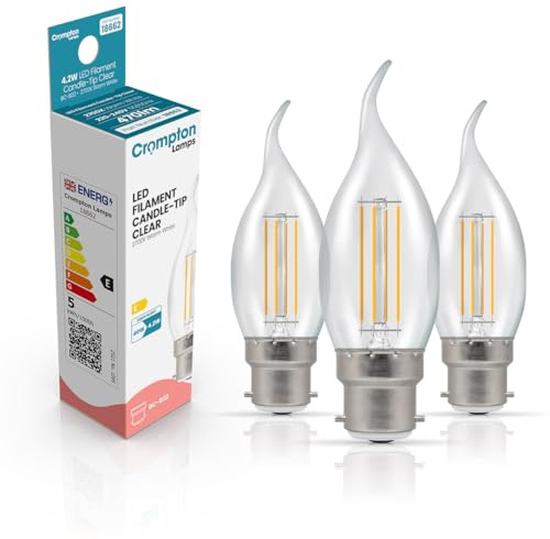 Crompton Lamps Bent-Tip Candle LED Light Bulb BC-B22d | 4.2W = 40W Equivalent | Warm White 2700K | Flame Tip | Bayonet Lightbulb | Long Life 15,000-Hrs | Clear Glass | 3-Pack