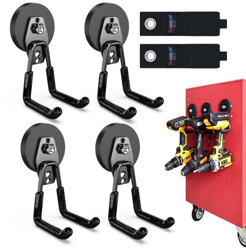 3-H 4 Stück Schwerlast-Magnethaken, extra starke Magnethalterung, Schwarz | Doppel-Magnethaken, 66 mm Magnetfuß, mit 2 Aufbewahrungsgurt für Besen Elektrowerkzeug Schläuche Kabel Kellen & Gartengeräte