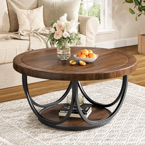 Tribesigns Round Coffee Table with 2 Tiers, 80CM Wooden Circle Accent Cocktail Table with Storage Shelf and Metal Frame, Industrial Center Tables for Living Room, Brown & Black