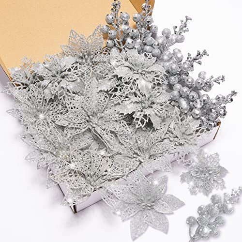 Xmastell 22 Stück Weihnachten Künstliche Blumen, Glitzer baumschmuck Weihnachten, Weihnachtsbaum Blumen Ornamente und Weihnachtsbaum Picker für weihnachtsdeko außen und deko innen Silber