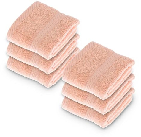 HOMESCAPES Peach Turkish Cotton Set of 6 Face Cloths Flannel Super Soft Thick & Absorbent 500 GSM Towel Heavy Weight for everyday Luxury