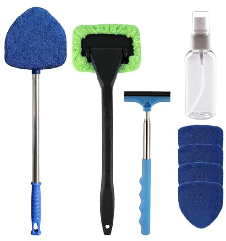 Zhixan 8PCS Car Windscreen Cleaner Kit, Tools Long Pivoting Handle Wiper | Detailing, Extendable, Rearview Mirror, 4 Reusable Microfiber Pads, Spray Bottle for Car Window Interior, Exterior Demisting