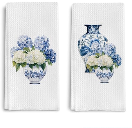 Dermalyx 2 Pezzi Asciugamani da Cucina in Porcellana Blu e Bianca, Asciugamani da Piatti con Fiori di Ortensia, tovagliette per la Cucina, Decorazione Chinoiserie, asciug