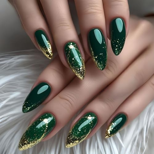 24PCS Emerald Green Glitter Press On Nails – St Patricks Day Long Stiletto Fake Nails with Gold Sparkle French Tips, Reusable ABS Acrylic for Women Irish Festival Holiday Party Look