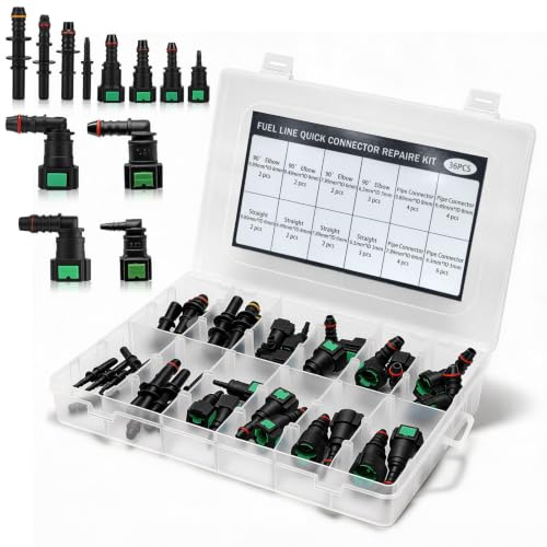 Kit de 36 Raccords Rapides pour Conduite de Carburant 12 Tailles | Kit de Connecteurs pour Durite d’essence 9,89 mm, 9,49 mm, 7,89 mm et 6,3 mm, ID 8 mm 3 mm 6 mm, Raccords Droits et Coudés