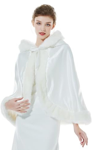 BEAUTELICATE Umhang Damen Mit Kapuze Cape Hochzeit Braut Winter Poncho Mit Pelzbesatz in Voller Mehrere Farben Kostenlos Handschuhe, Elfenbein, Einheitsgröße