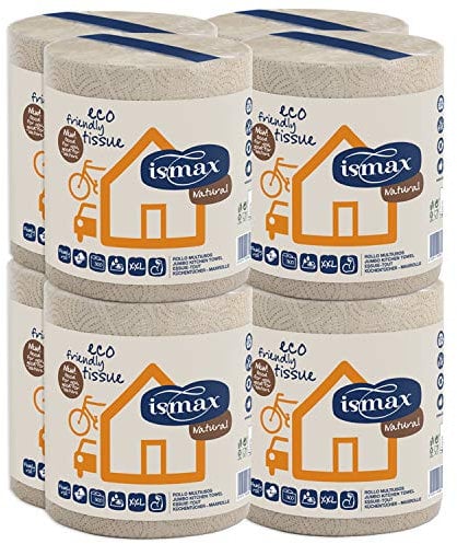 Papel Secamanos Cocina Rollo Multiusos 69 metros Eco Reciclado 300 servicios - 2 Capas Bobina Absorbente Ecologico EXTRA XXL - 1 Saco de 8 Rollos.