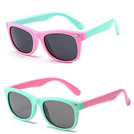 FOURCHEN Gafas de Sol para Niños/Niñas - Clout Goggles Oval Mod Retro Round Lens Negras (Kids Polarized - Green Pink)
