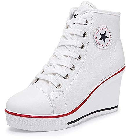Tenis de mujer de tacón alto de lona zapatos de alta parte superior de cuña entrenadores de plataforma de cremallera de la bomba de moda zapatillas de deporte, color Blanco, talla 37 EU