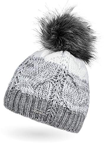 Neverless® Damen Strick-Mütze gefüttert Fleece-Innenfutter Fell-Bommel Kunstfell Winter-Mütze Bommelmütze Zopfmuster Mehrfarbig hellgrau-weiß