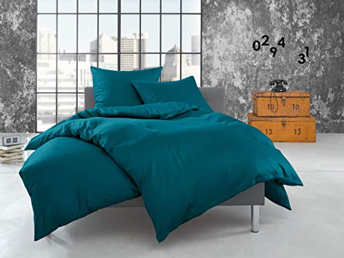 Bettwaesche-mit-Stil warme Fein Flanell Winter Bettwäsche Petrol blau Uni/einfarbig 155x200 + 80x80 cm - 100% Baumwolle
