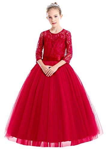 Flower Girl Lace Tulle Lace Embroidered Princess Wedding Party Dress Kids 3/4 Sleeve Floor Length Junior Bridesmaid Formal Pageant Prom Gown Christmas Birthday Gifts Red 3-4 Years