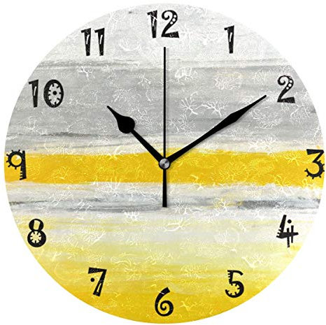 LDIYEU Art Abstract Yellow Grey Round Wall Clock Circular Plate Silent Non Ticking Clocks for Kitchen Home Office School Decor Kid Boys Girls