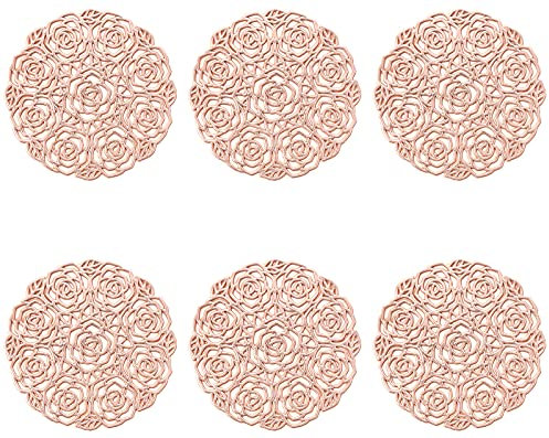 ASFINS Untersetzer Rose 6er Set, Roségold Untersetzer Gläser Tischset Rund Vinyl Hohl Platzsets Abwischbar PVC Tischuntersetzer für Küche, Zuhause, Speisetisch (Roségold, Stil L, 10cm)