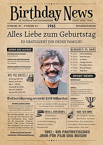 PRINTALA Geburtstagszeitung - personalisiert mit Deinem Text & Foto | Jahrgang nach Wahl | Posterdruck (1961)