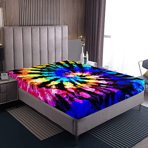Loussiesd Tie Dye Spannbettlaken 140x200cm Boho Exotisch Psychedelisch Drucken Spannbetttuch Mädchen Frauen Chic Hippie Boxspringbett Bettlaken Mikrofaser Böhmischer Psychedelischer Wirbel Bettlaken