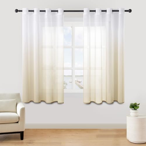 MRTREES Voile Gardinen Farbverlauf Transparent Vorhang Kurz Tüllvorhang mit Ösen in Beige Weiß Verlauf 145×140cm (H×B) Modern für Kinderzimmer Wohnzimmer Schlafzimmer 2er-Set