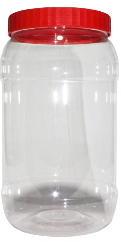 Pemienterprize 2000 ML Large Plastic Storage Jars with Red Screw Top Lids - Airtight, Durable, Round Food Containers Set of 4