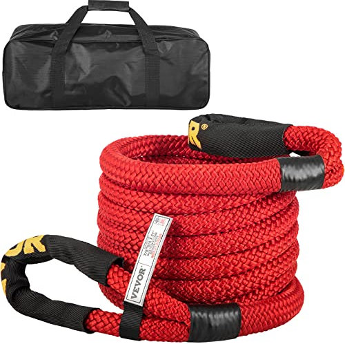 VEVOR 7/8 x 21' Kinetic Recovery Rope, 21,970 lbs, Heavy Duty Nylon Double Braided Kinetic Energy Rope with Loops and Protective Sleeves, for Truck Off-Road Vehicle ATV UTV, Carry Bag Included, Red
