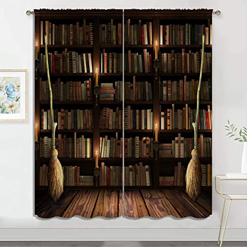 Bookshelf with Books Blackout Curtains, Boy Girls Bedroom Living Room Darkening Decor Vintage Library Art Painting Rod Pocket Thermal Insulated Window Curtain/Drapes, 84x84 Inch