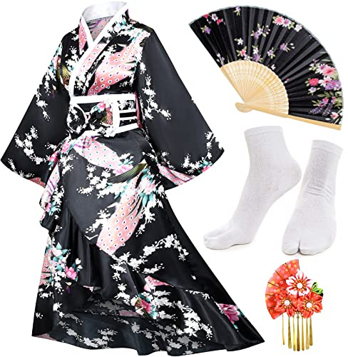Kimono-Set für Damen, Geisha-Yukata mit Smoking-Rüschen, Satin-Bademantel und Nachtwäsche mit Blütenmuster, inklusive Fächer und Tabi-Socken