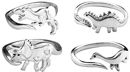 zalati Set mit 4 Dinosaurier-Ringen aus Legierung, stilvoll, niedlich, verstellbar, Ornament, Tierschmuck, Jura-Ära für Damen, Herren, Jungen, Mädchen, Metall