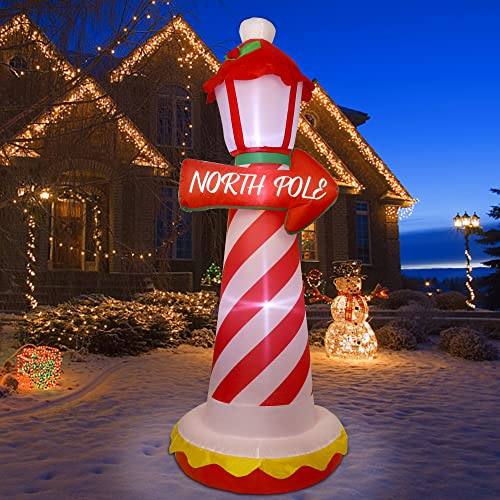 Juegoal Decorazioni natalizie gonfiabili per esterni, faro di Natale gonfiabile, cartello illuminato da polo nord con luci a LED integrate, si illuminano per vacanze invernali, prato, cortile,