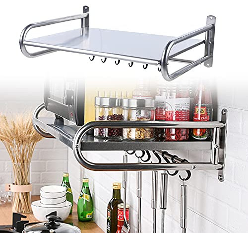 KOLHGNSE Mikrowellen Regal, Mikrowellenhalterung Wand Edelstahl Mikrowellenregal Küchenregal Ständer mit 6 Hakens für Mikrowellen, Grillofen, Backofen (1 Ebenen)