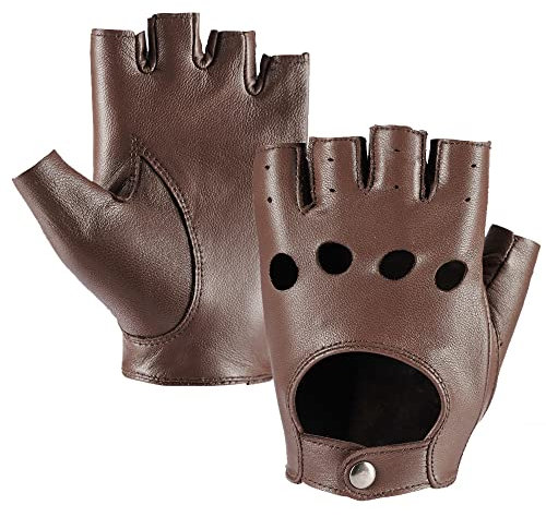 Damen Fingerlose Schaffell Autofahrer Lederhandschuhe Rock Punk Handschuhe,Braun,XL