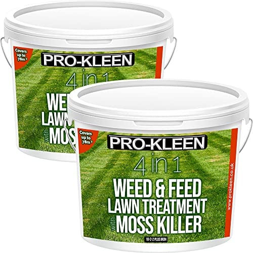 Pro-Kleen 4 in 1 Weed and Feed Lawn Treatment with Moss Killer - Greens Grass, Kills Weeds & Moss & Fertilises Grass - Apply from May-August - Covers up to 156m2 - (2 x 2.5kg)
