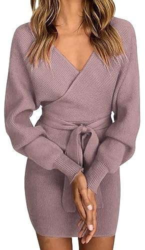 heekpek Abito Invernale Donna Maglia Elegante Mini Abiti Tubino Donna Comodi Elasticità Manica Lunga Scollo a V Corti Abiti Scollati con Cintura, Viola Chiaro, XL