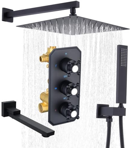 Black Thermostatic Shower System Set, 3 Outlets Concealed Shower Mixer Valve Set with 12 Inch Square Rain Shower, Handheld and Tub Spout, Volume Adjustment