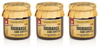Mermelada de Fresas y Menta-Hierbabuena - Pack de 3 Frascos de 280g - Sabor Dulce y Fresco - Ideal para Postres y Desayunos - Sin Colorantes ni Conservantes - Producto Gourmet de Origen Portugués