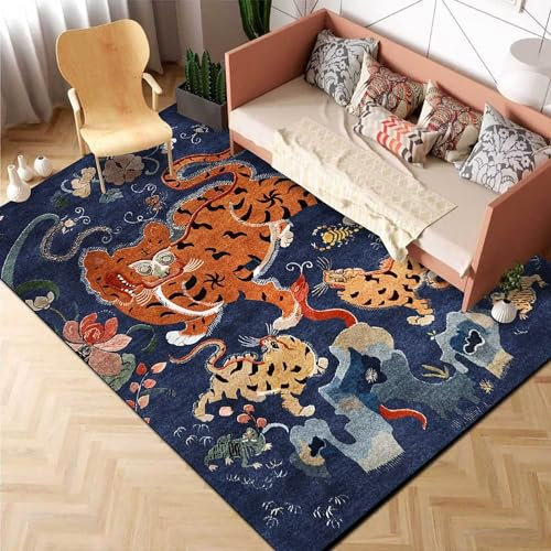 Tibetischer Tiger-Teppich, 60 x 91 cm, Dunkelblau, kleiner Flächenteppich für Badezimmer, Boho, rutschfest, waschbar, Fußmatte, moderner abstrakter Tiger-Teppich für Schlafzimmer, Kinderzimmer