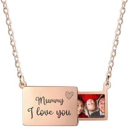 Personalised Photo Necklace Rose Gold Locket Necklace with I Lobe You Mum, Birthday Gift Message Necklace, Letter, Birthday Engraved Love Letter, Mother Secret Note, Letterbox, Gift for Her