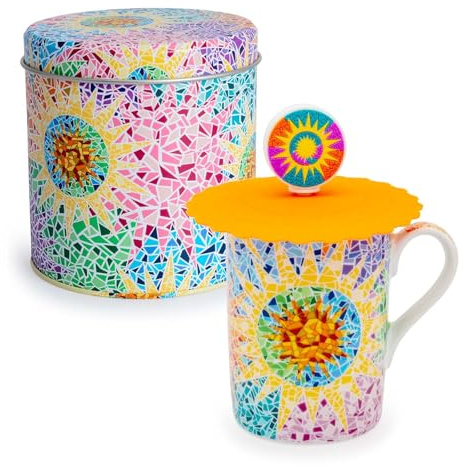 PracticDomus Taza para Infusiones 300 ml con Filtro y Tapa de Silicona en Lata Metálica (Gaudí)