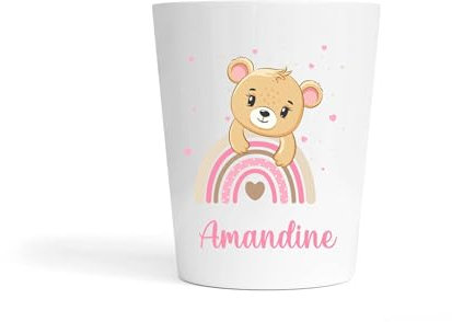 Gobelet Enfant Personnalisé Fille – Ourson & Arc-en-ciel Rose – Gobelet Incassable 230ml Sans BPA – Prénom École ou Crèche – Idée Cadeau Rentrée Scolaire