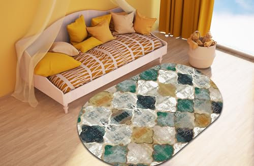 LONGSAO Ovaler Kurzflor Designer Teppich extra weich fürs Wohnzimmer, Schlafzimmer, Esszimmer oder Kinderzimmer Vintage Patchwork Design Smaragdgrün Gelb,100 x 160 cm