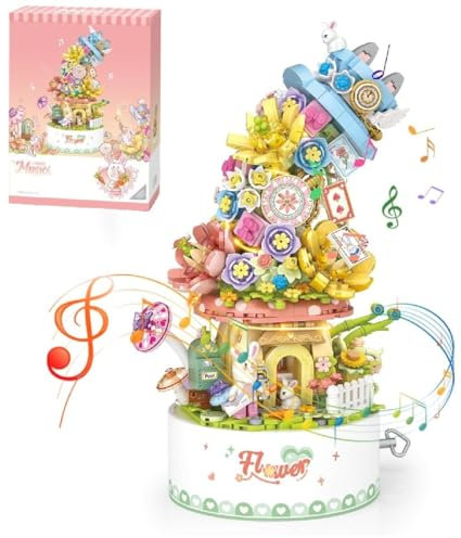 Flowers Music Box Building Block Set, 909 PCS Candy Potted Rotating Music Box Set with Light, Creative Flower Bouquet Plants Gift Toys, Decor for Home Office, Gift for Kids and Adults (1954)