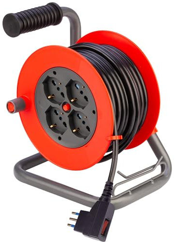 POLY POOL - PP2707 Avvolgicavo Serie Mini 10m Multisize - Spina Piccola 10A - Avvolgicavo con 4 Prese Pluristandard Grandi e Interruttore di Sicurezza