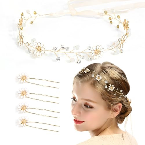BOOMTOP Blumen Haarband Blumenkranz Hochzeit Oktoberfest Haarschmuck Sonnenblume Stirnband Dirndl Strass Haarreif mit 4 Haarspangen Gänsenblümchen Haarkranz Damen Hochzeit Karneval Kopfschmuck Gold