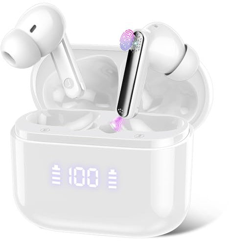 SKIUDCT Auriculares Inalámbricos Bluetooth, Auriculares Bluetooth 5.3 con HD Micrófono, HiFi Estéreo, 48H Cascos Inalámbricos con Reducción de Ruido ENC, IP7 Impermeable, Pantalla LED, Blanco