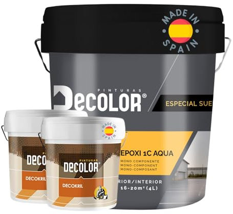 PINTURAS DECOLOR Pintura de Resina Epoxi Monocomponente para Suelos GRIS LUMINOSO, RAL 7035. 4 Ltr. + 2 Imprimación Decokril Rapid 750 ML