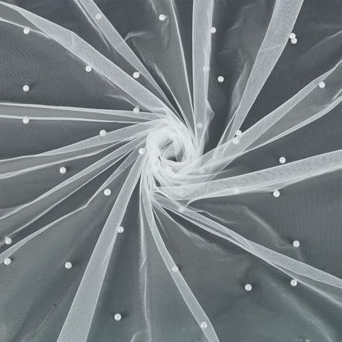 FINGERINSPIRE 3 m Perlen Tüll Spitzenstoff 1.6m Breit Weiße Perlenspitze Tischdecke Tischläufer Netz Tüll Spitzenstoff Mit Perlen Für Hochzeitsschleier Kleider Vorhänge Tischkleidung