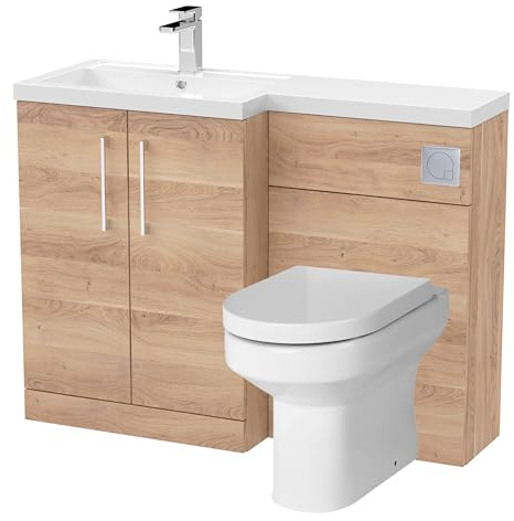 Balterley Vanity Unit with Basin, WC Unit with Toilet Pan, Seat, Cistern, Floor Standing 2 Door Soft Close Vanity, Toilet Pan with Soft Close Seat, Left Hand Bathroom Sink Storage (Bleached Oak)