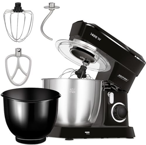 MPM Planetarische Küchenmaschine MRK-25 - Multifunktional Mixer Küche 4,5l - Küchengeräte Vielseitig Einsetzbar 1400W - Zwei Schüsseln - Drei Austauschbare Rührbesen